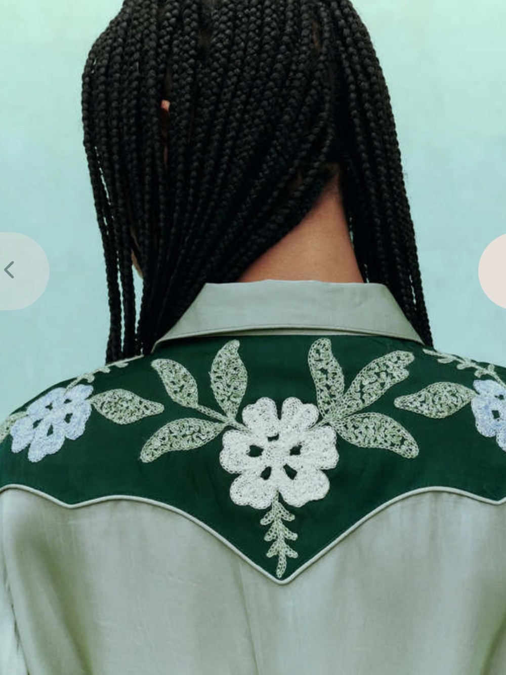 THE GREAT. Sage Green Satin Embroidered Western Heritage Shirt in Dried Sage - Picture 3 of 14